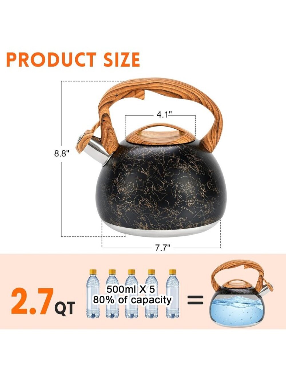 GGC 3.1QT Black Line Stainless Steel Whistling Tea Kettle For Kitchen Stove Top - Picture 3 of 7